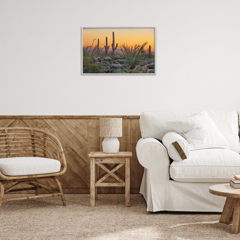 Sunset Desertscape Cacti Giclee Art by Marty Hulsebos, Farmhouse Gray Framed Giclee, 16" H x 24" W