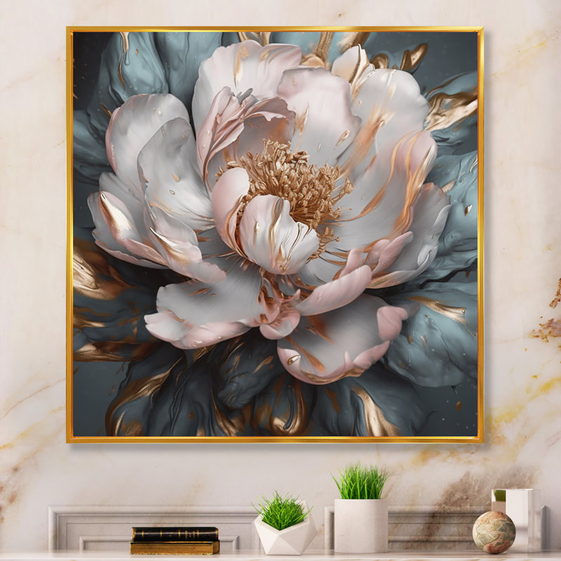 Pivoines roses et grises en fleurs I - impressions florales sur pivoines, H 16 po x l 16 po, Cadre flottant doré