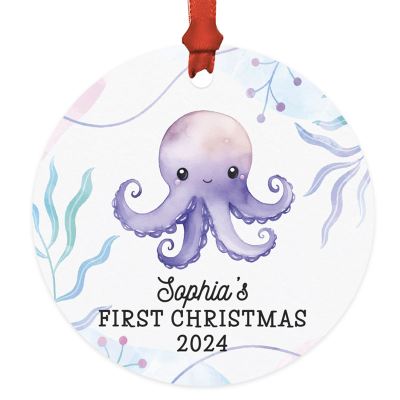 Ornement de pieuvre en métal sur mesure, mignonne pieuvre mauve, première décoration d'arbre de Noël pour enfants, Oui