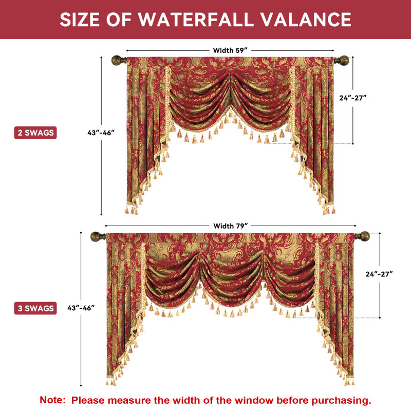 Red and Gold Damask Jacquard Swag Window Valance with Tassels