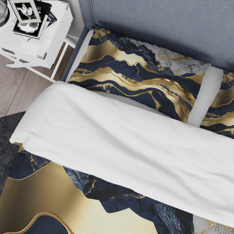 Ensemble de housse de couette en microfibre / polyester bleu et or hypnotisant Marble Abstraction I
