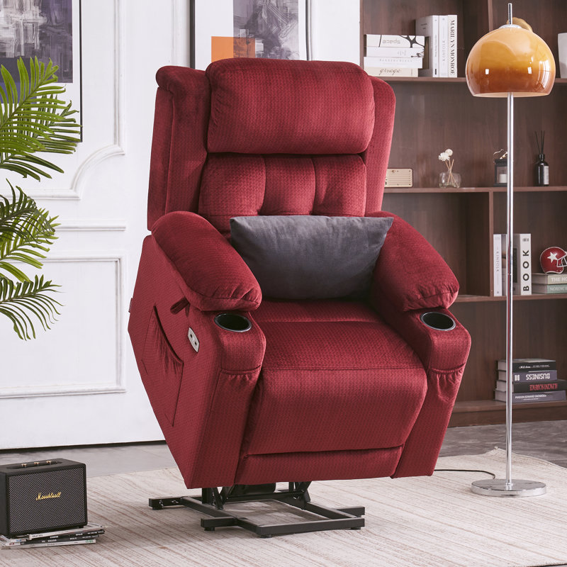 Lay Flat Dual Motor Power Lift Recliner Chair Sofa with Adjustable Headrest, Fabric, Burgundy 100% Polyester