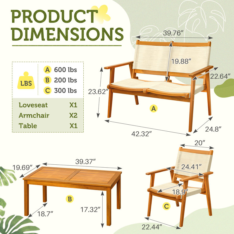 4 Piece Outdoor Seating Group with Rectangular Solid Wood Table, Beige