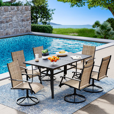 7 Piece Patio Dining Set, Outdoor Dining Table And Chairs Set For 6, 6 Swivel Chairs, 1 Iron Rectangular Table With Adjustable Umbrella Hole (1.57"-1.97"), Patio Furniture Set For Deck, Backyard, Lawn, Poolside, Brown/gray/blue