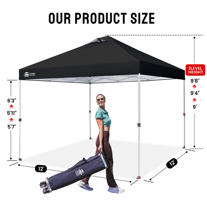 12 Ft. W x 12 Ft. D Metal Pop Up Canopy Party Tent with One Push Setup Black, Black