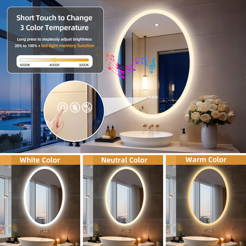 Smart Oval Led Bathroom Mirror Vanity Mirror With Bluetooth/ Anti-fog/ Dimmable Backlit/ Color Changing
