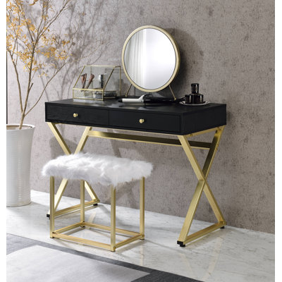 Adao Vanity Mirror & Stool in Faux Fur, Mirror