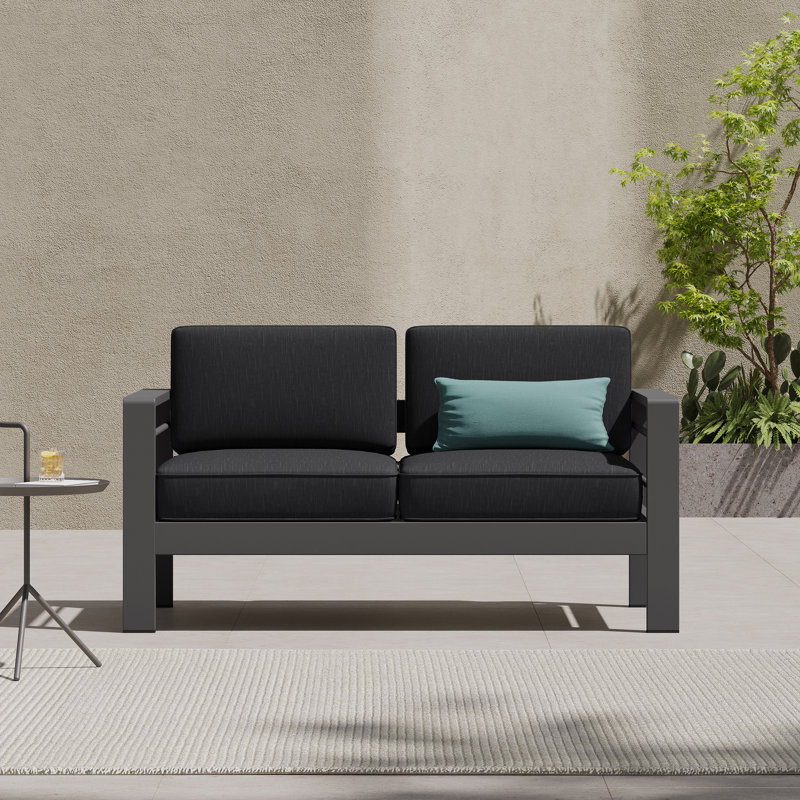 56.75'' Metal Outdoor Loveseat with Cushions, Dark Gray, Gray