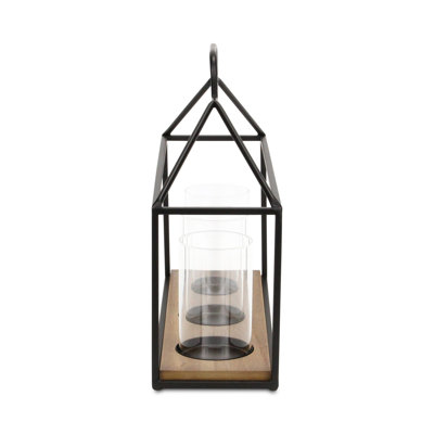 15" Black Metal Glass And Wood Geometric Three Light Hurricane Candle Holder
