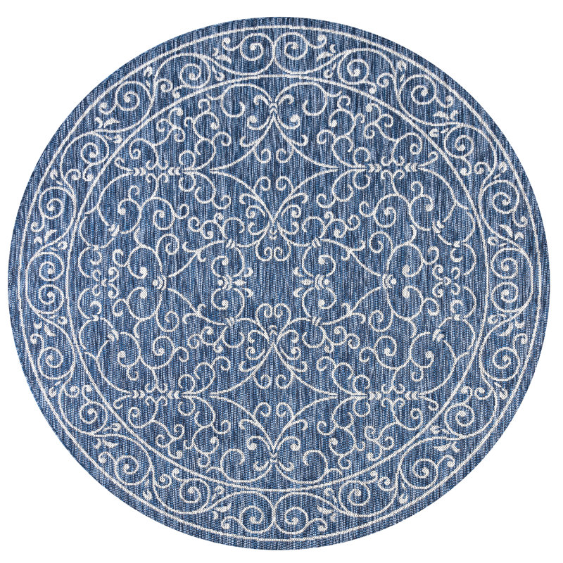 Hagerman Vintage Filigree Textured Weave Navy/Gray Indoor/Outdoor Rug, Round 5'3"