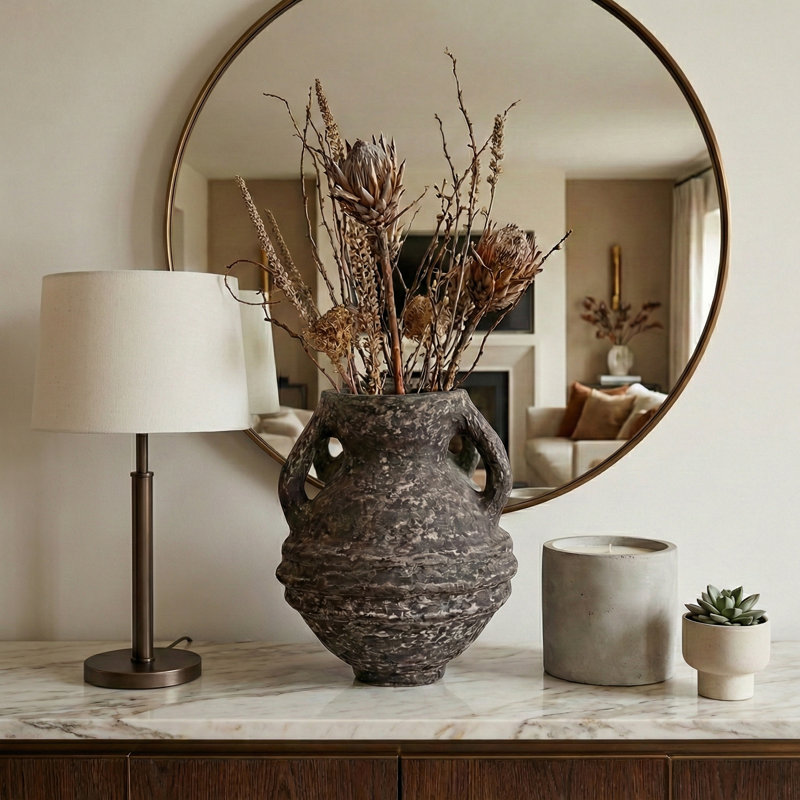 Rustic Textured Paper Mache Clay Vase With Handles For Home Decor - Modern Tall Flower Vase For Entryway Table Accent, Living Room Decor, Or Office Spaces - 15", Charcoal Gray