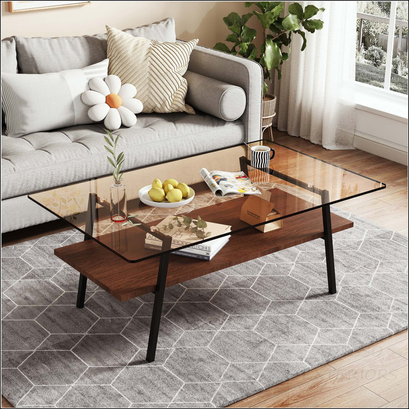Table basse rectangulaire avec plateau en verre trempé et pieds en métal noir, verre brun, Brun / Noir