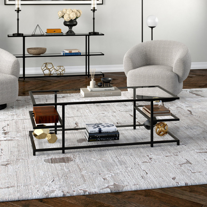 Greenwich 54" Glass And Steel Coffee Table With Three Shelves, Black