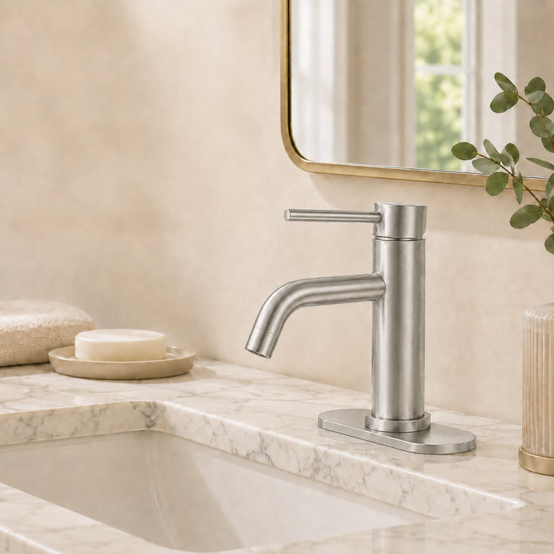 Robinet de lavabo pour salle de bain à un trou, poignée simple avec drain Vega, Nickel brossé