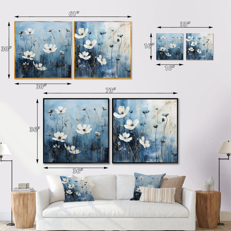 Champs blancs et bleus de fleurs sauvages - Ensemble de 2 fleurs sauvages carrées, Cadre noir, H 16 po x l 33 po