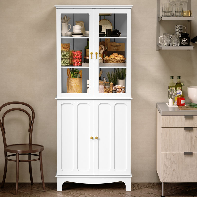 Ellerby 72" Freestanding Kitchen Pantry with Glass Doors and Adjustable Shelves, White