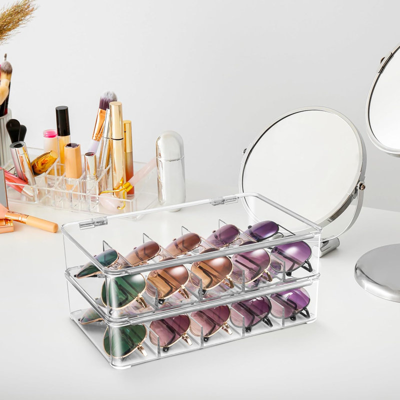 Plastic Stackable Eyeglass Case Storage Organizer For Multiple Glasses , Reading Glasses, Sunglass Holder With Hinged Lid For Eyewear Display Includes 5 Sections ,3 Pack