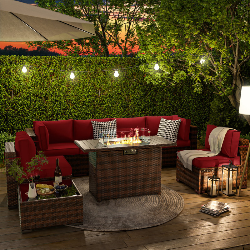 Romanas 8 Piece Patio Conversation Sets With Fire Pit Table, Burgundy