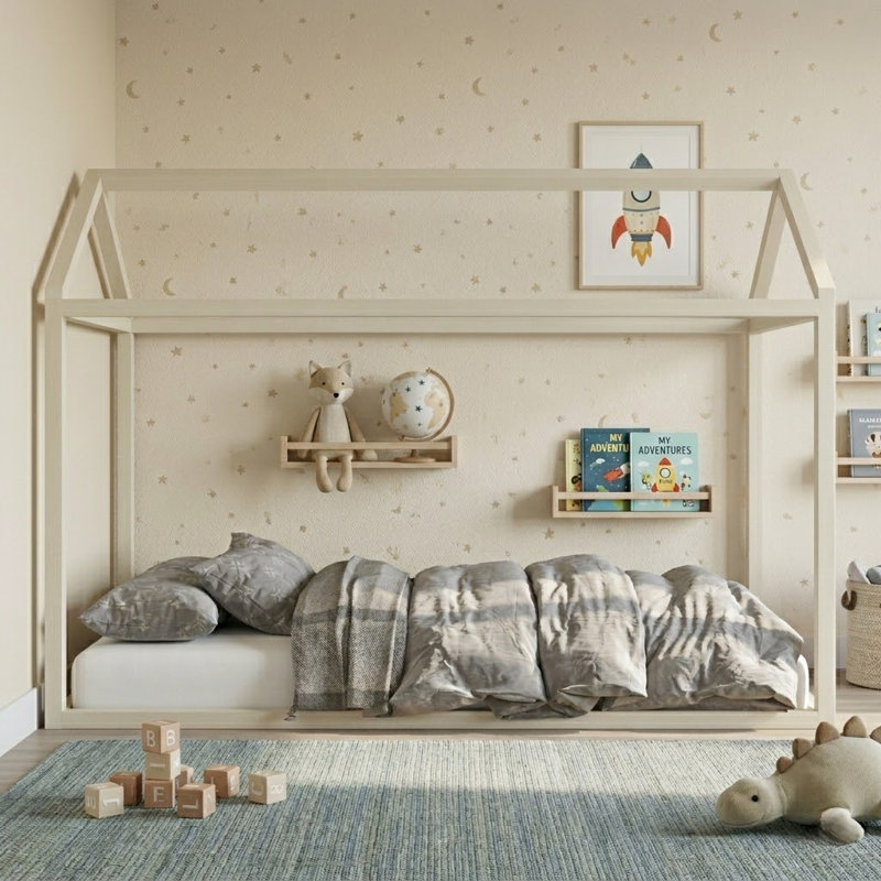 Structure de lit à baldaquin pour enfants en bois massif Rosa, Blanc antique, Lit double
