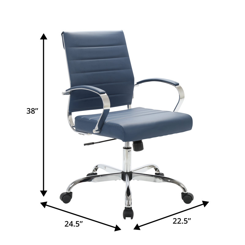 Mulkey Ribbed Vegan Leather Mid-Back Office Chair, Mid-Century Ergonomic Executive Chair, Blue
