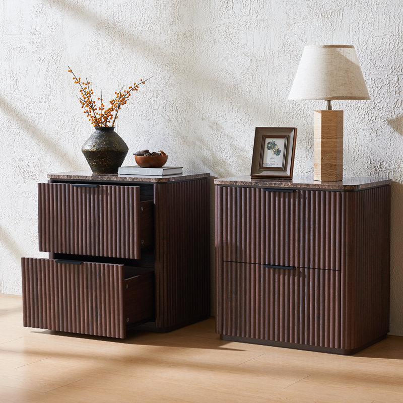 23.1"W Nightstand with 2-Drawer, Wood Fluted Bedside Table with Faux Marble Top and 1.97"-Thick Side Panels, Brown Oak
