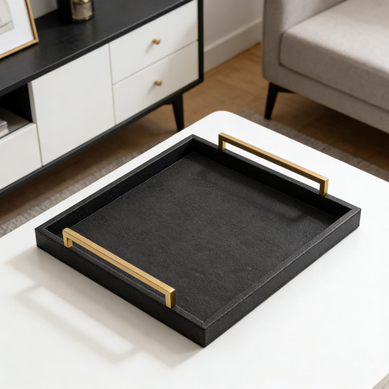 Large Shagreen Leather Ottoman Tray With Handles - Versatile Square Serving Tray For Living Room, Coffee Table, And Home Decor