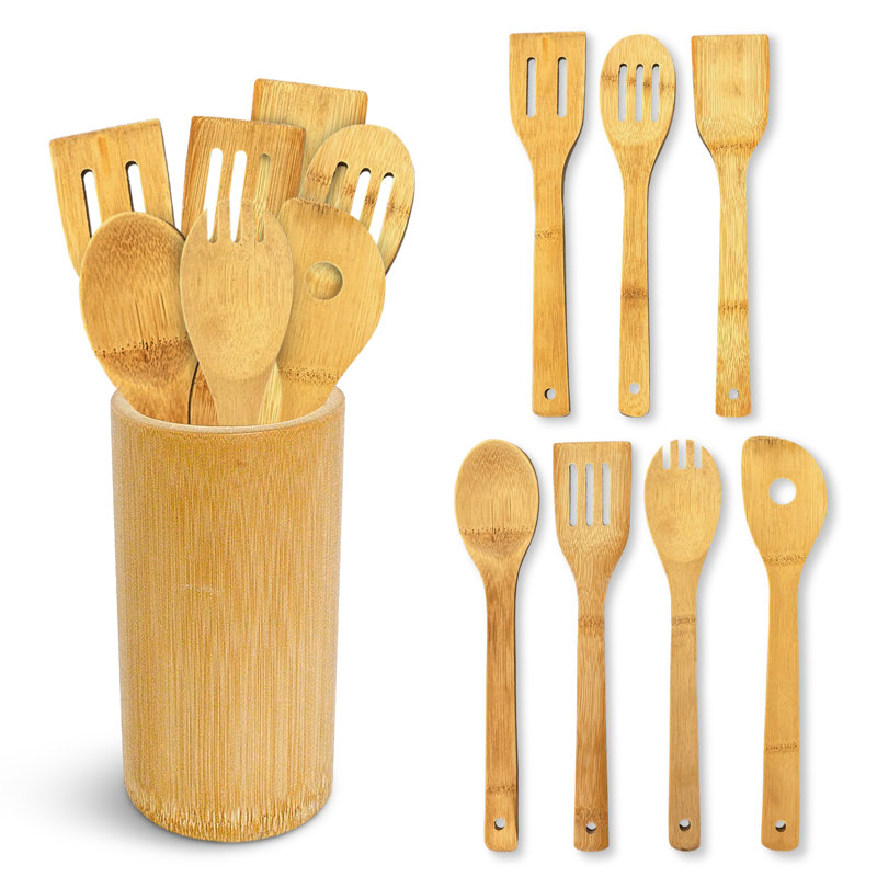 Ensemble d'ustensiles de cuisine en bambou 8 pièces avec support Cheer - naturel, durable et anti-rayures