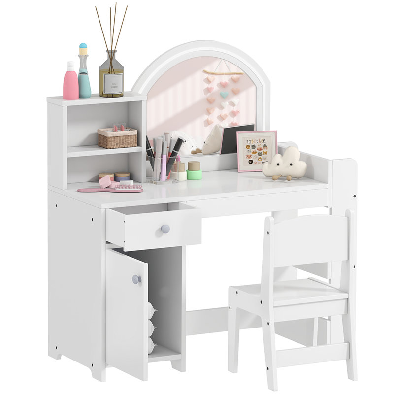 AIYAPLAY Kids Dressing Table with Mirror and Stool Ages 3-8 Years White