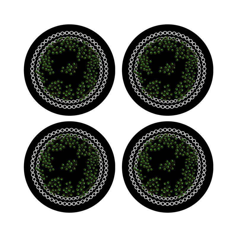 Christmas Berries Vegan Leather Round Coasters, Green Black