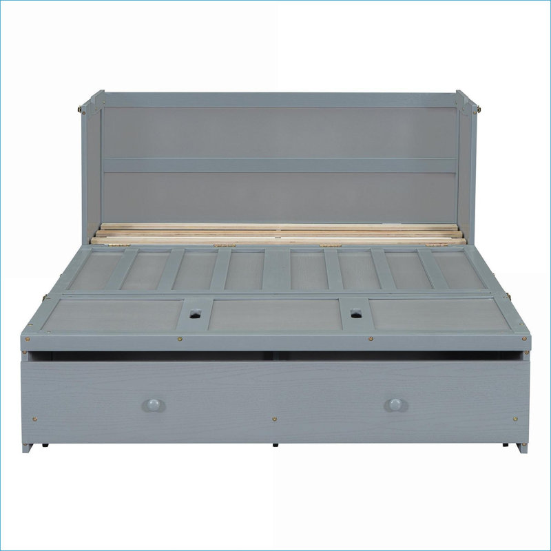 Full Size Solid Pine &amp; MDF Murphy Storage Bed With USB Port Large Drawer No Box Spring Needed Gray For Small Guest Room