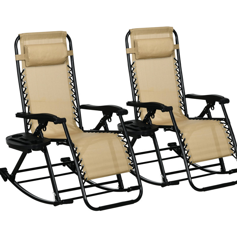 Chaise berçante d'extérieur pour 2 personnes, fauteuil inclinable pliable à gravité zéro avec coussin, porte-gobelet et téléphone, beige, structure en acier, aucun assemblage requis pour plus de commodité, structure de salon 2 pièces durable