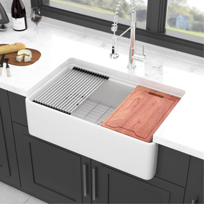 33"X20" White Ceramic Sink Workstation - Single Bowl For Kitchen Space Saving And Performance Enhancement Farm With Resistance To Damage