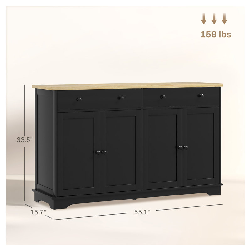 Buffet de style nordique avec tiroirs de rangement, buffet noir et chêne avec tablettes à 2 niveaux pour une organisation moderne