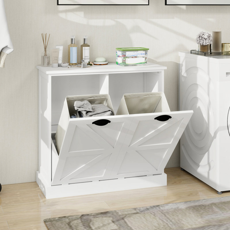 Tilt-out Laundry Sorter - White Cabinet. Classy Design. Removable Cloth Bags For Sorting. E1 , Painted. Stable & Waterproof. Finish. . Assembly Required With Manual. 100-pound Load Capacity Cabinet