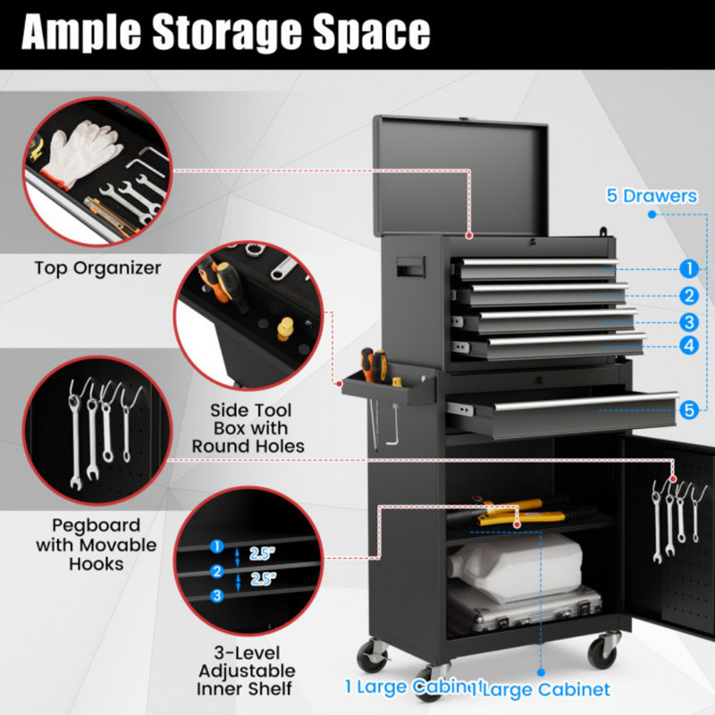 2-In-1 Rolling Tool Chest With 5 Sliding Lockable Drawers, Black