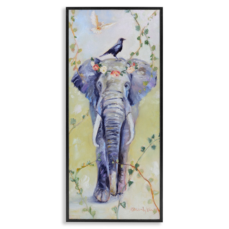 Art éléphant de Bohème avec vignes vertes, estampe numérique par Karen Weber Fine Art, Giclée encadrée noir minuit