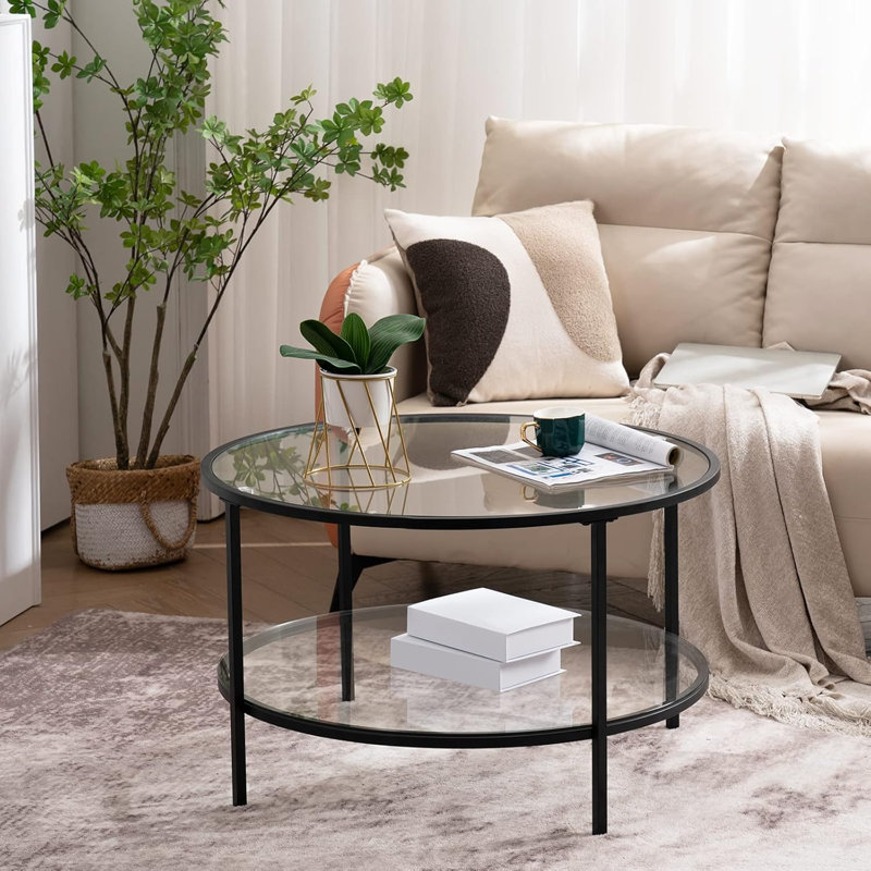 VINGLI Double Coffee Table Round Glass 78*78*49Cm, Matte Black