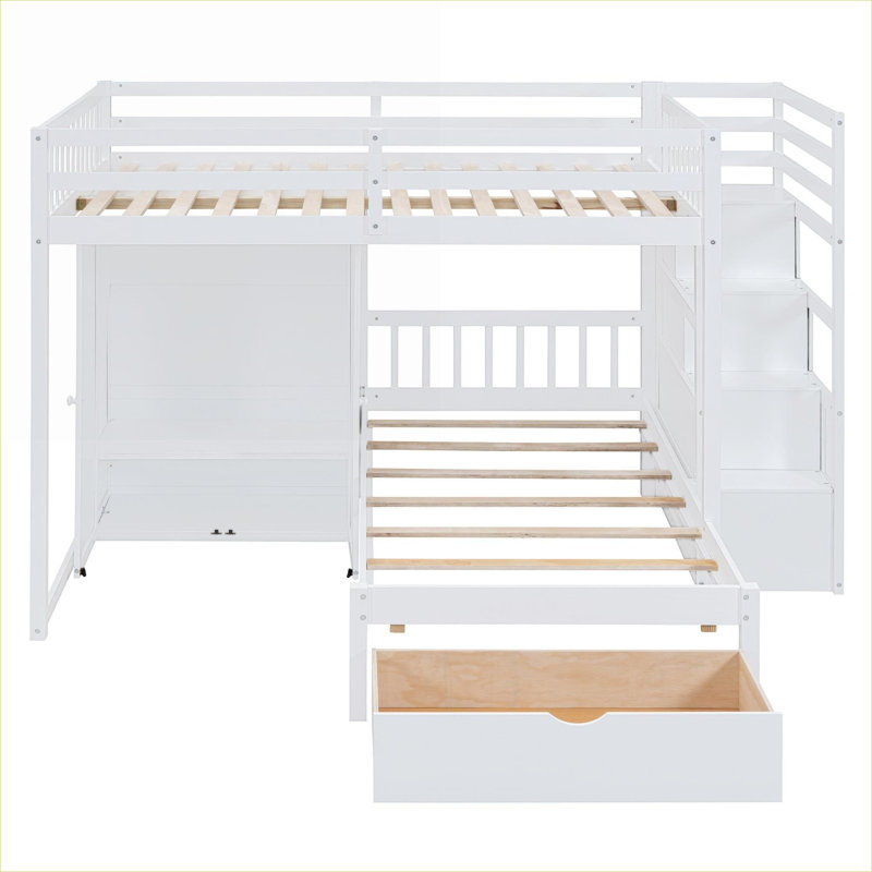 Cadre de lit superposé avec rangement pour lit double en bois massif blanc pur pour petites chambres partagées avec rangement intégré