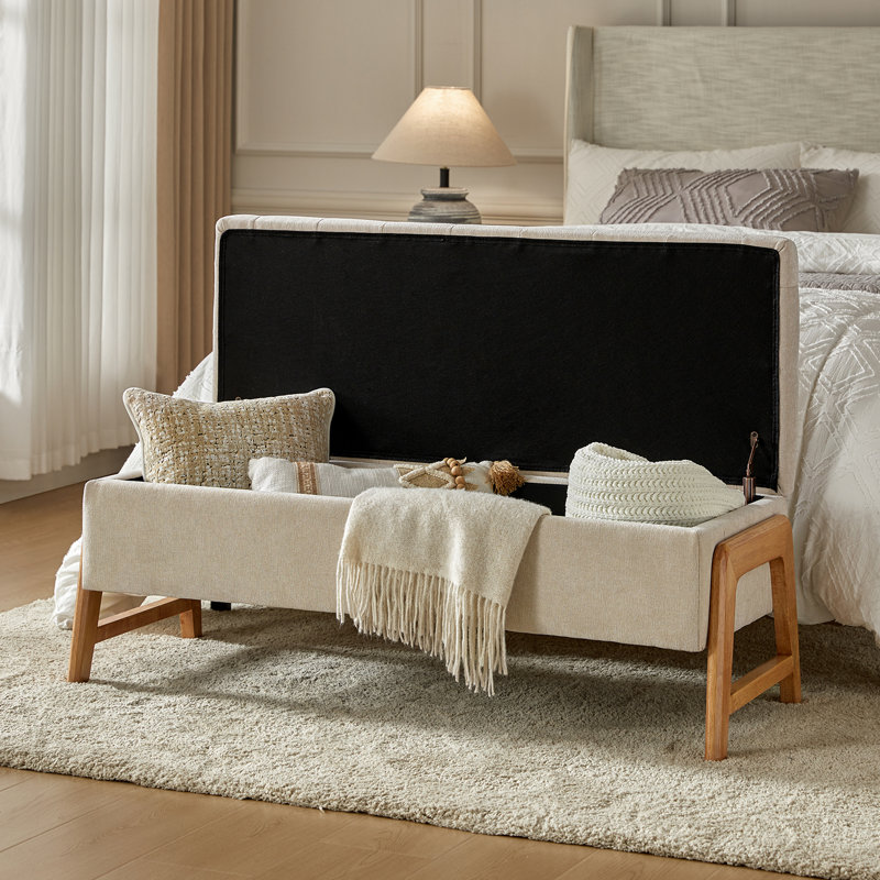 Banc de rangement rembourré style Mid-Century 49,6 po avec pieds en bois massif Brentlinger, Tanné