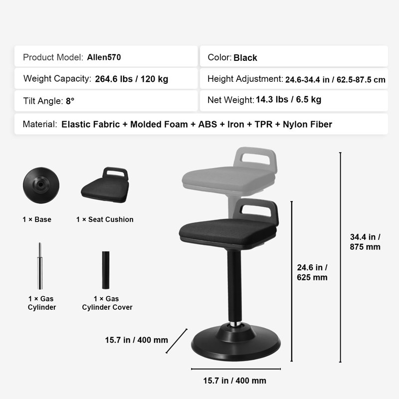 Fauteuil actif à hauteur réglable (24,6 à 34,4 po) Wobble Chair - noir