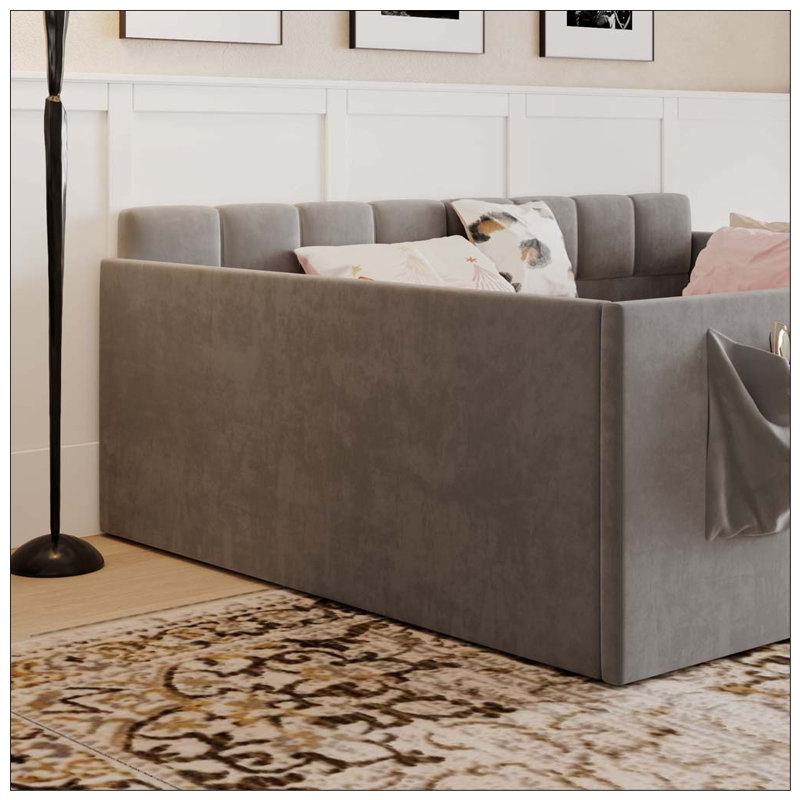 Daybed Velvet Upholstered Sofa Bed with High Side Panels and Side Entrance, Space-Saving Guest Bed with Storage Pockets, Gray