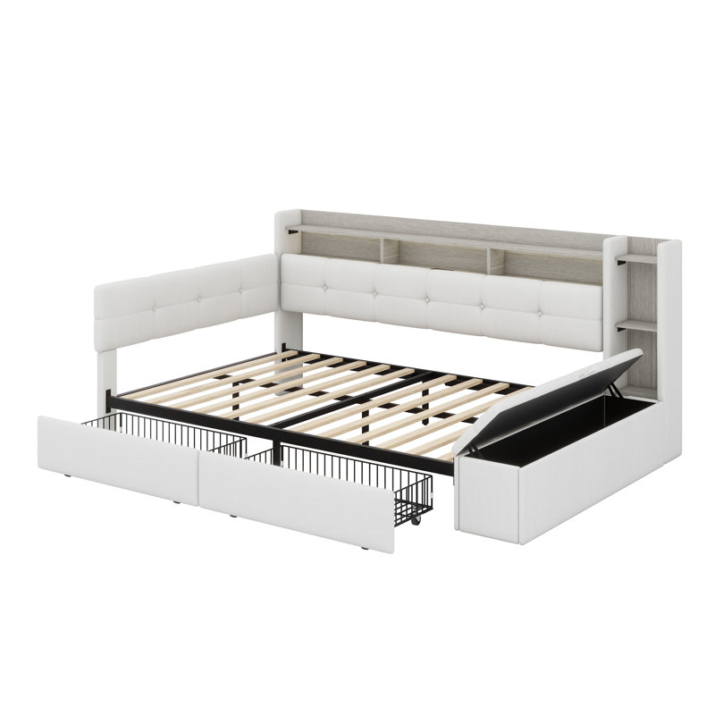 Upholstered Daybed with Storage Footstool, Shelves, Drawers, USB Charging & LED Light, Beige