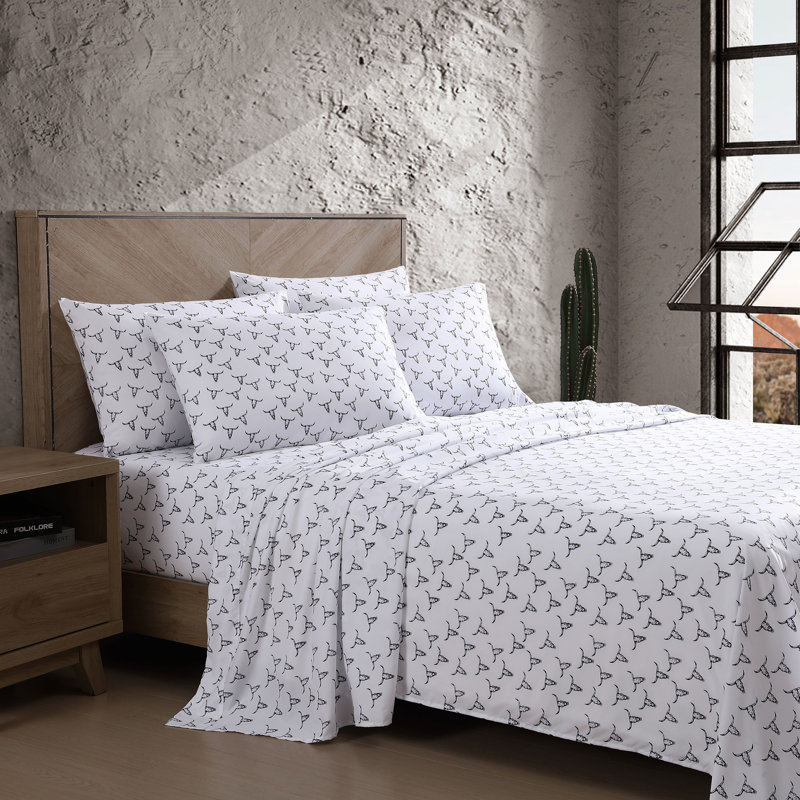 Wrangler Printed Cozy Novelty Sheet Sets, Full Sheet Set with 2 Pillowcases, Steer Skulls Black