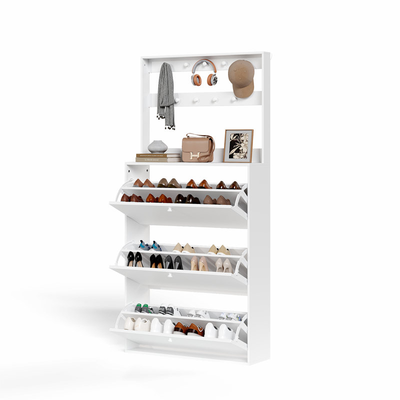 Shoe Cabinet With 3 Flip Drawers &  Hooks Coat Rack & Adjustable Shelves, White