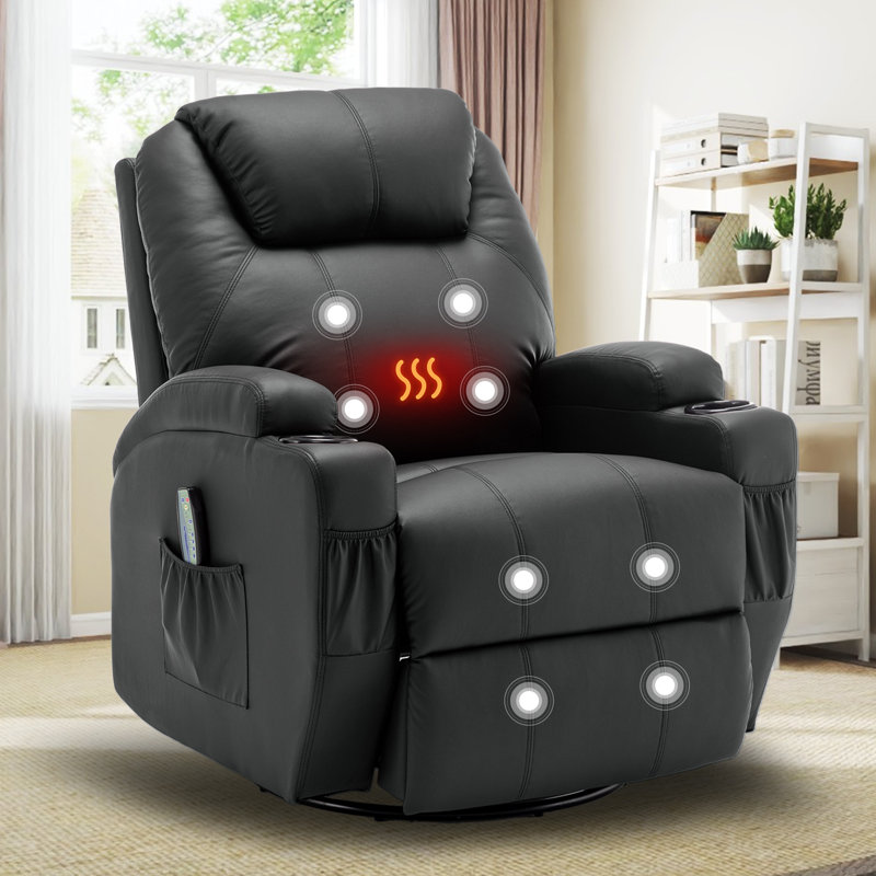 Recliner Chair,Recliner With Heat And Massage, 360°Swivel Recliners, Rocker Recliner With Cup Holders And Side Pockets, Black