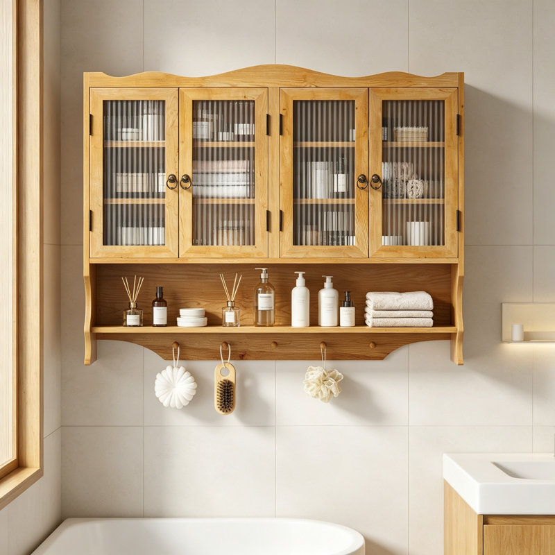 Armoire murale 39,37 "à 4 portes rétro, avec deux niveaux d'espace de rangement et un support à crochets ouverts, convient aux salles de bain, cuisines, salles à manger, naturel