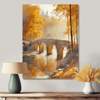 Jaune et jaune, automne, rivière de beauté III, pont, art mural