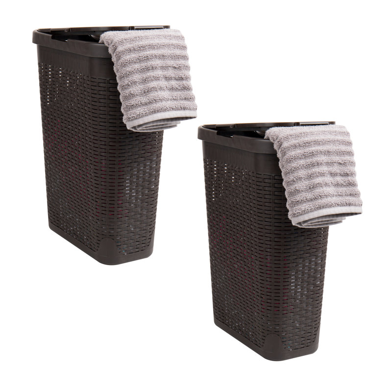 Slim Laundry Hamper, 40 Liter Capacity, Hinged Lid, 2 Pack, Pink, 18"D x 10.4"W x 23.5"H