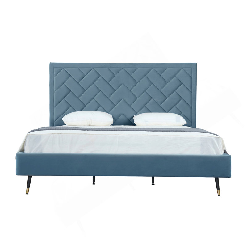 Très grand lit tapissier en velours bleu Crosby, Bleu, Très grand lit