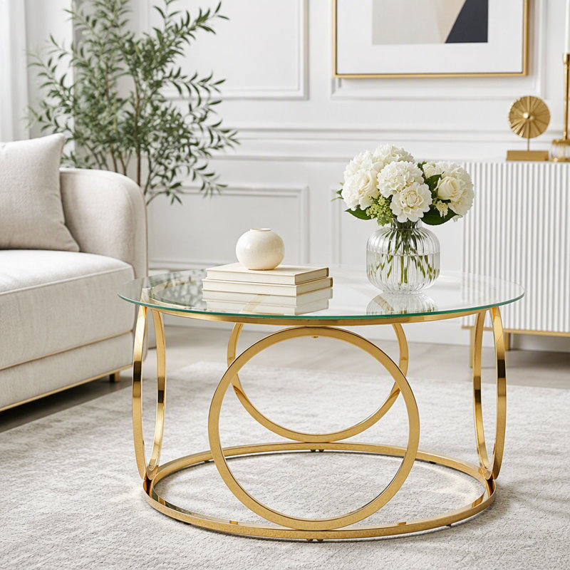Table basse moderne à plateau rond en verre avec structure circulaire en métal, 25.4 lbs, Gold